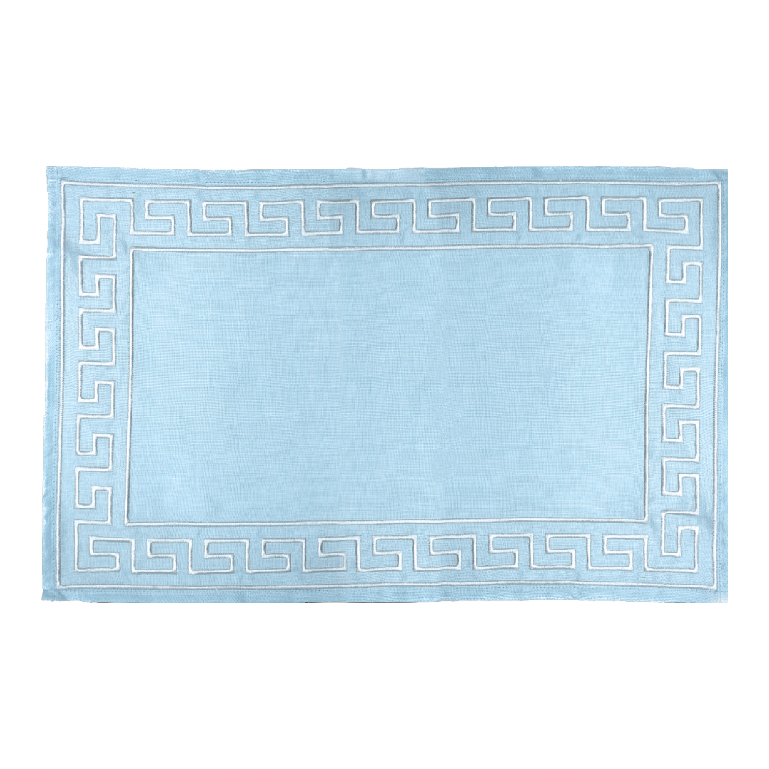 Four Greek Key Embroidered Placemats, Sky