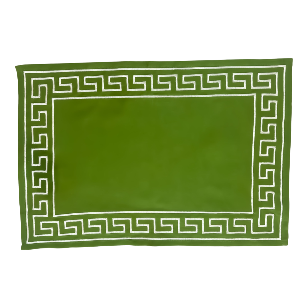 Four Greek Key Embroidered Placemats, Green