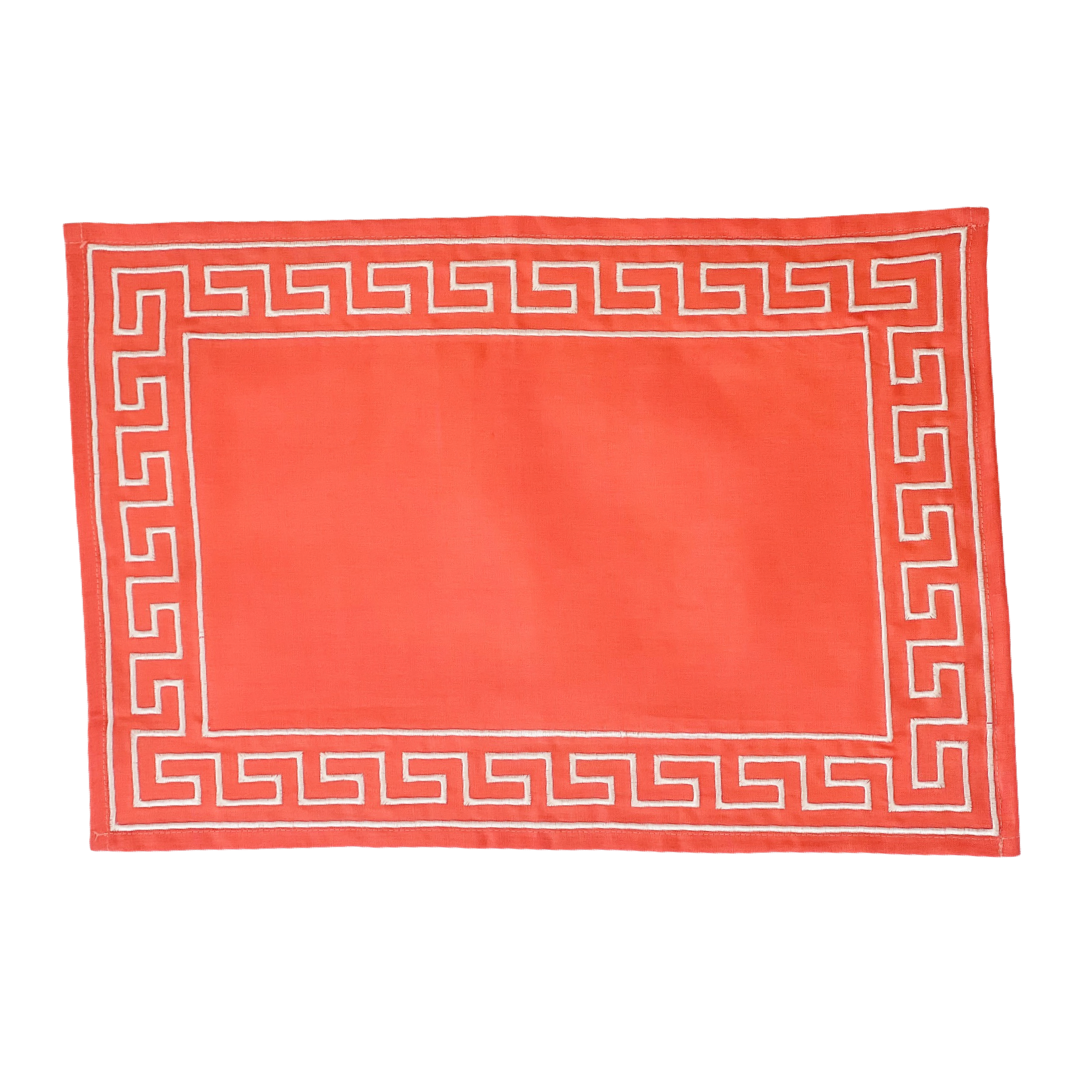 Four Greek Key Embroidered Placemats, Orange