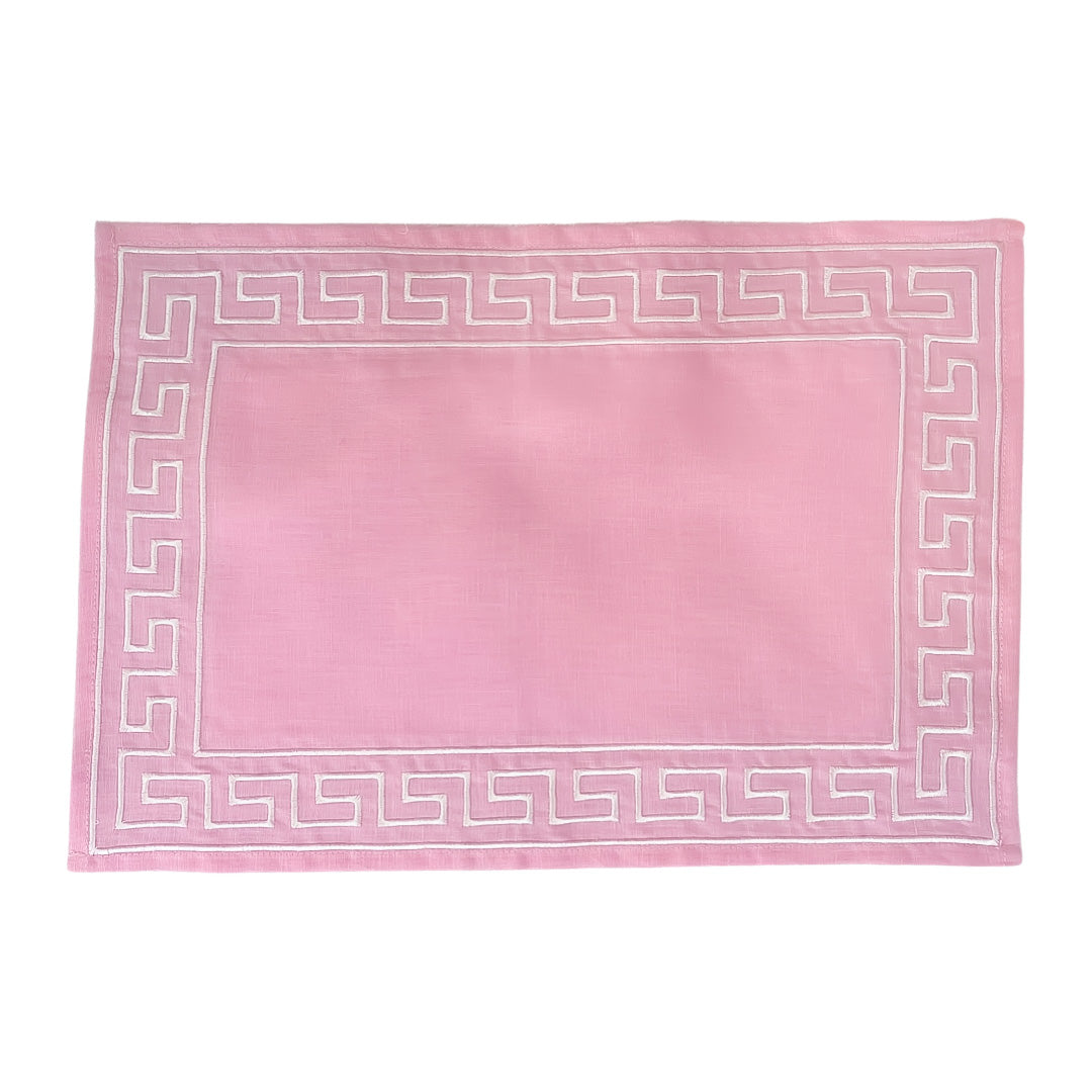 Four Greek Key Embroidered Placemats, Pink